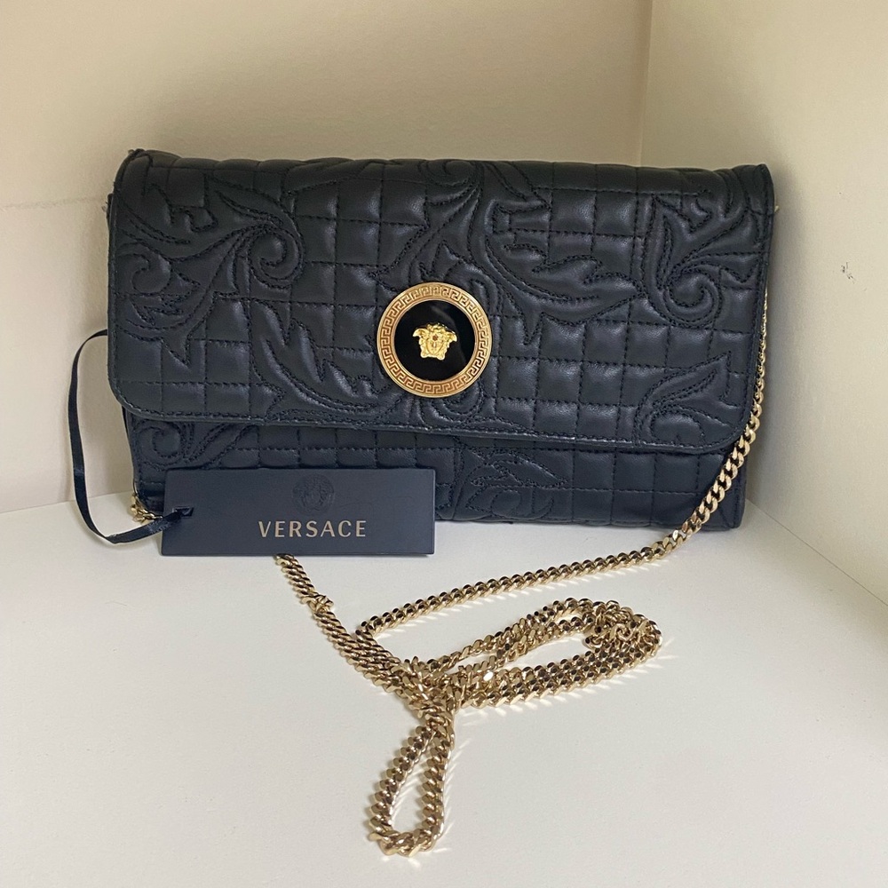 Versace Black Quilted Medusa Icon Baroque Envelope Clutch Wallet On Chain Bag
